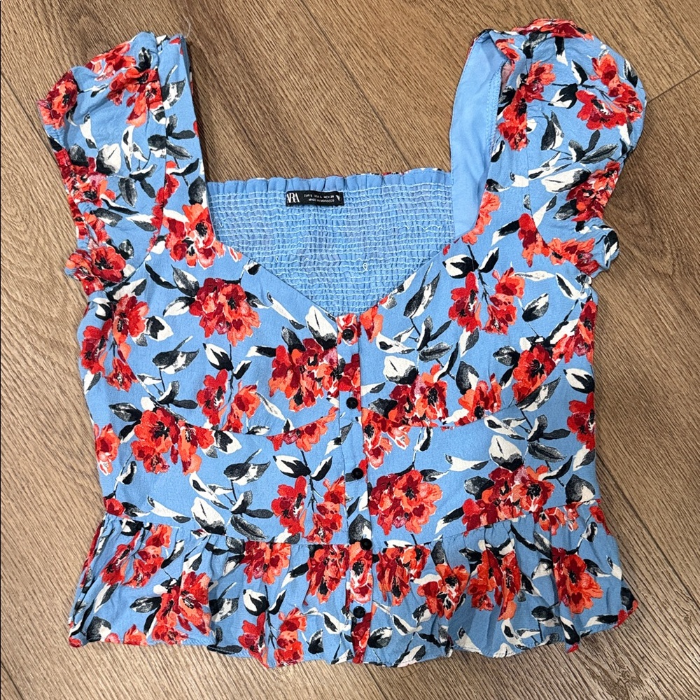Zara Blue and Red Floral Blouse